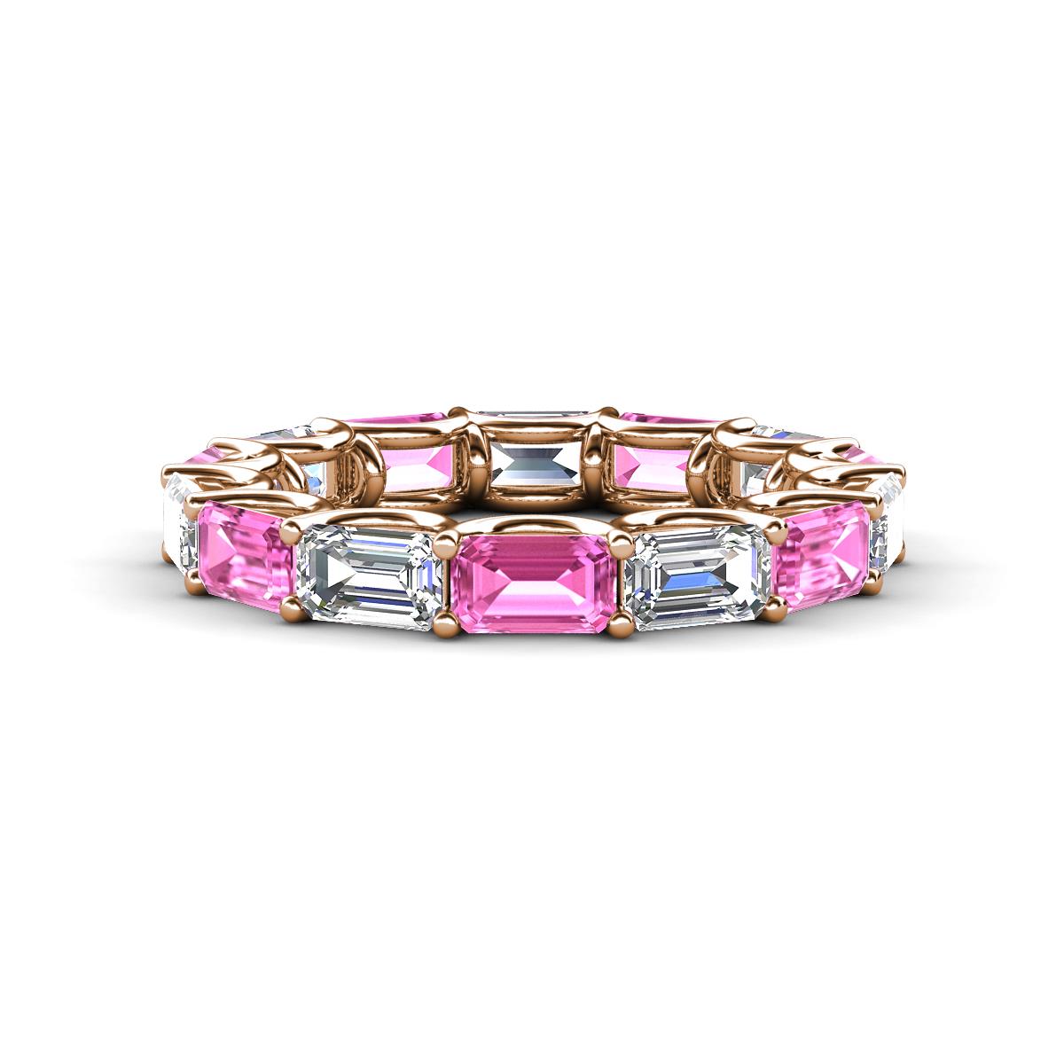 Beverly 5x3 mm Emerald Cut Forever One Moissanite and Pink Sapphire Eternity Band 