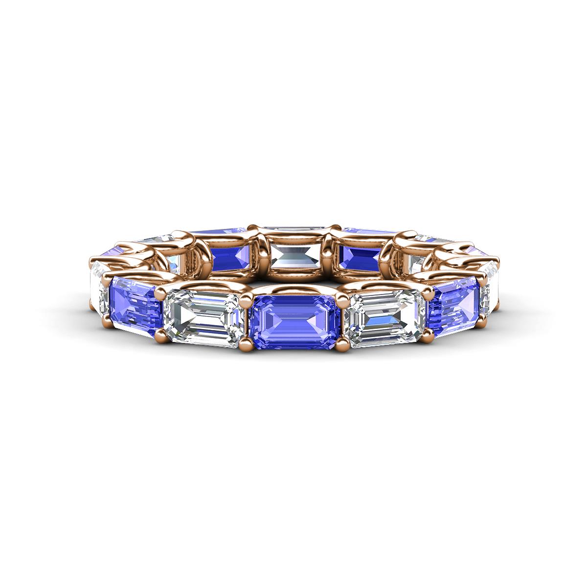 Beverly 5x3 mm Emerald Cut Forever One Moissanite and Tanzanite Eternity Band 