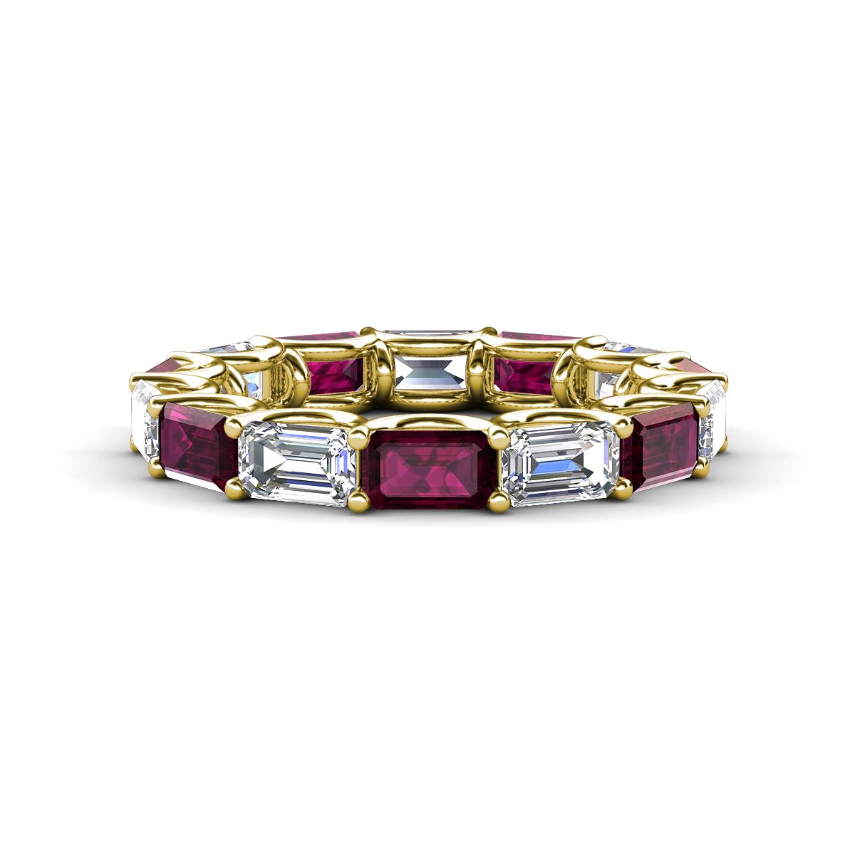 Beverly 5x3 mm Emerald Cut Forever One Moissanite and Rhodolite Garnet Eternity Band 