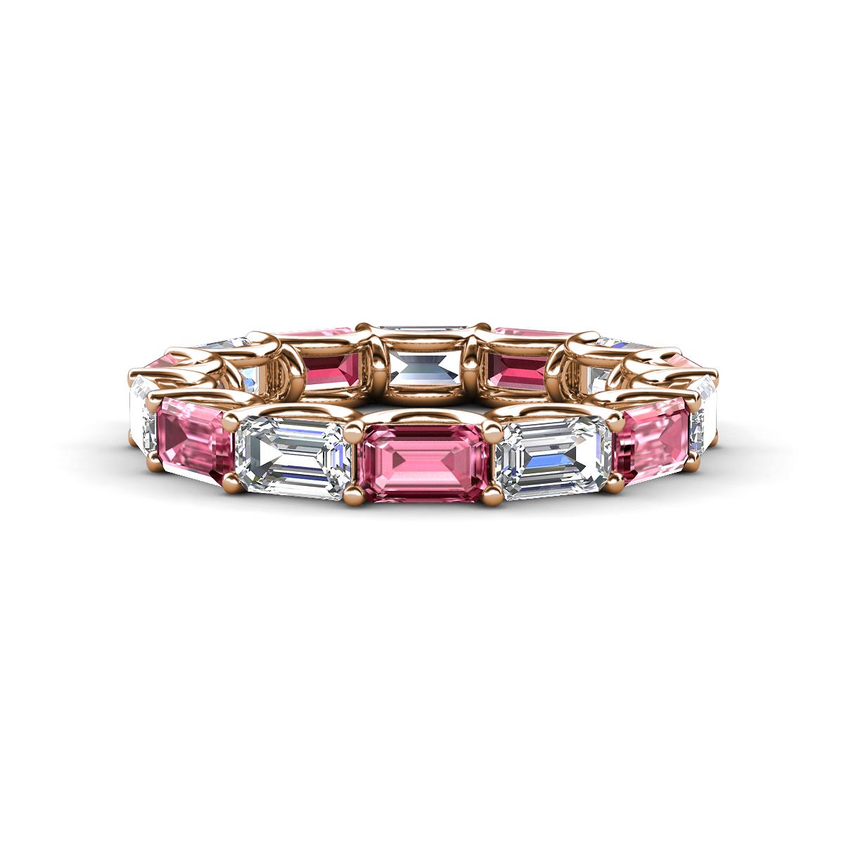 Beverly 5x3 mm Emerald Cut Forever Brilliant Moissanite and Pink Tourmaline Eternity Band 