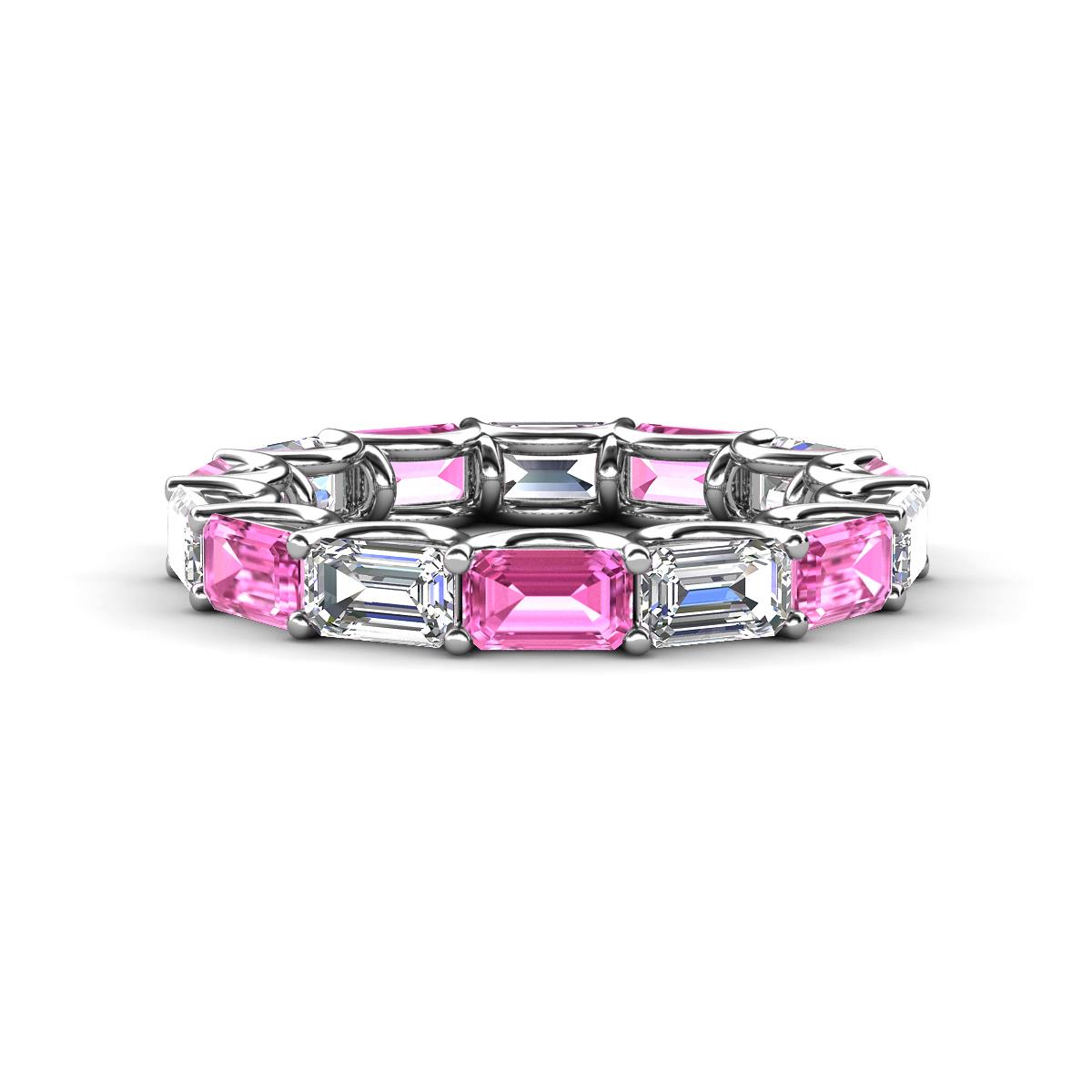 Beverly 5x3 mm Emerald Cut Forever One Moissanite and Pink Sapphire Eternity Band 