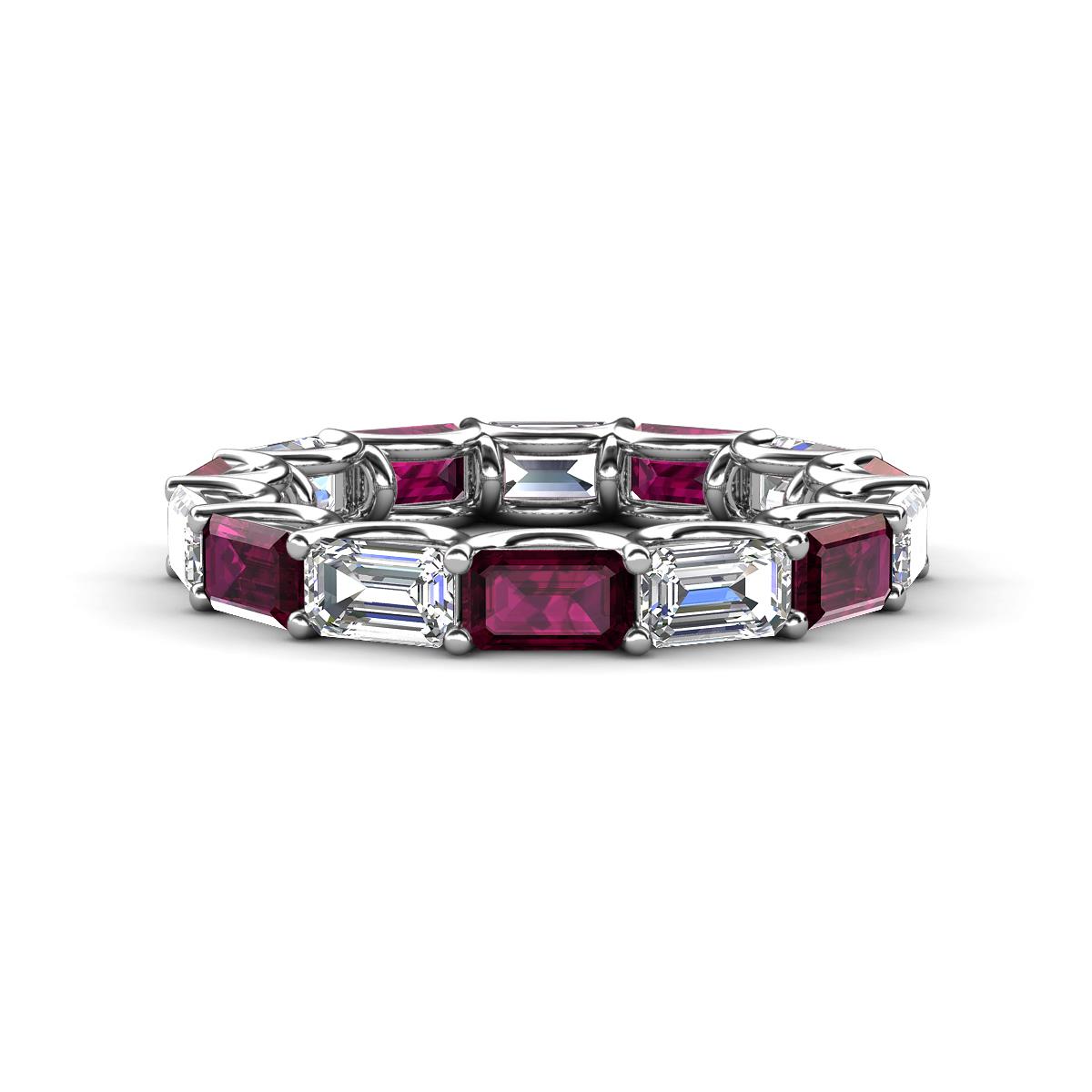 Beverly 5x3 mm Emerald Cut Forever One Moissanite and Rhodolite Garnet Eternity Band 