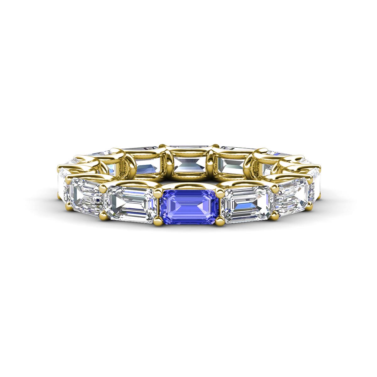 Beverly 5x3 mm Emerald Cut Forever Brilliant Moissanite and Tanzanite Eternity Band 