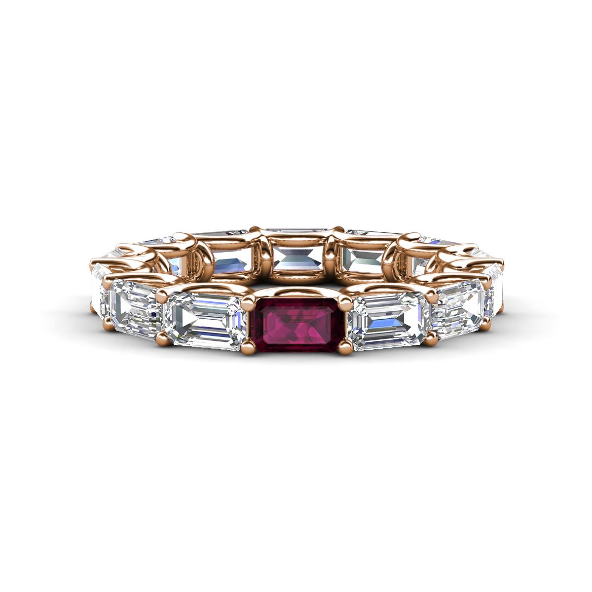 Beverly 5x3 mm Emerald Cut Forever Brilliant Moissanite and Rhodolite Garnet Eternity Band 