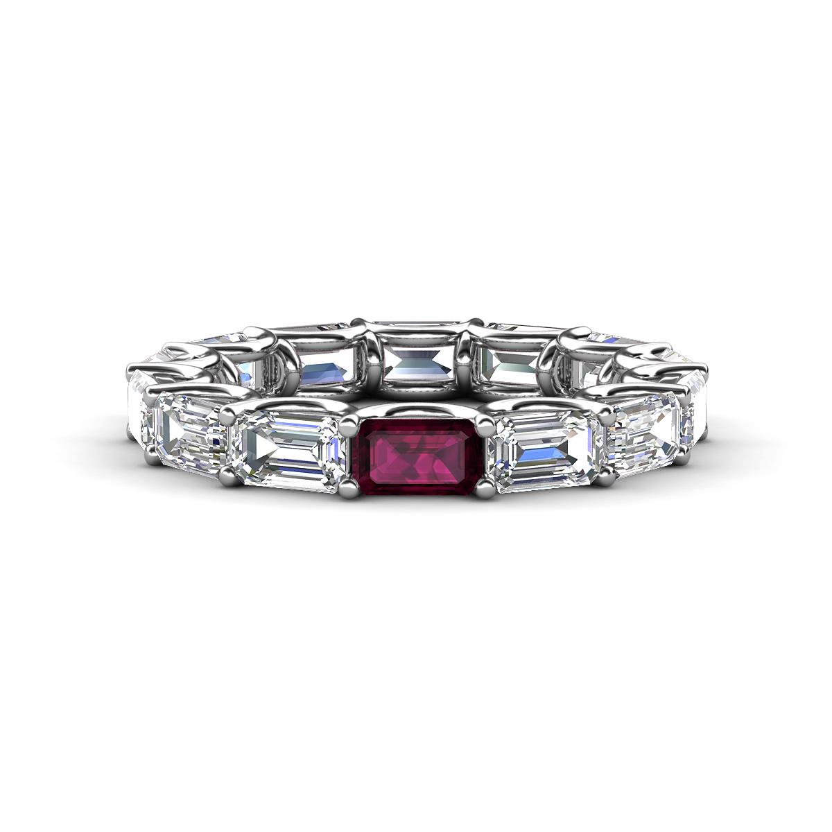 Beverly 5x3 mm Emerald Cut Forever One Moissanite and Rhodolite Garnet Eternity Band 