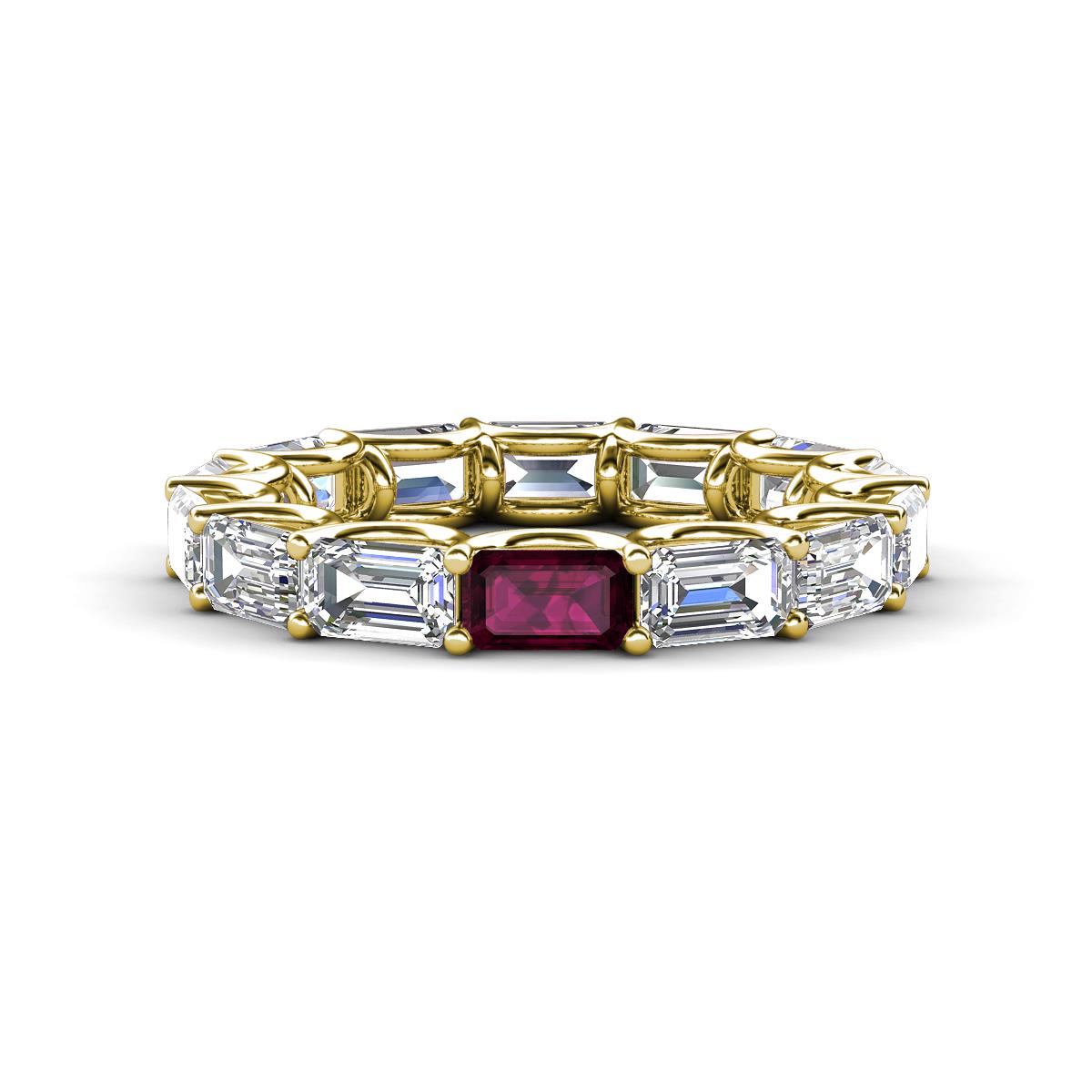 Beverly 5x3 mm Emerald Cut Forever One Moissanite and Rhodolite Garnet Eternity Band 