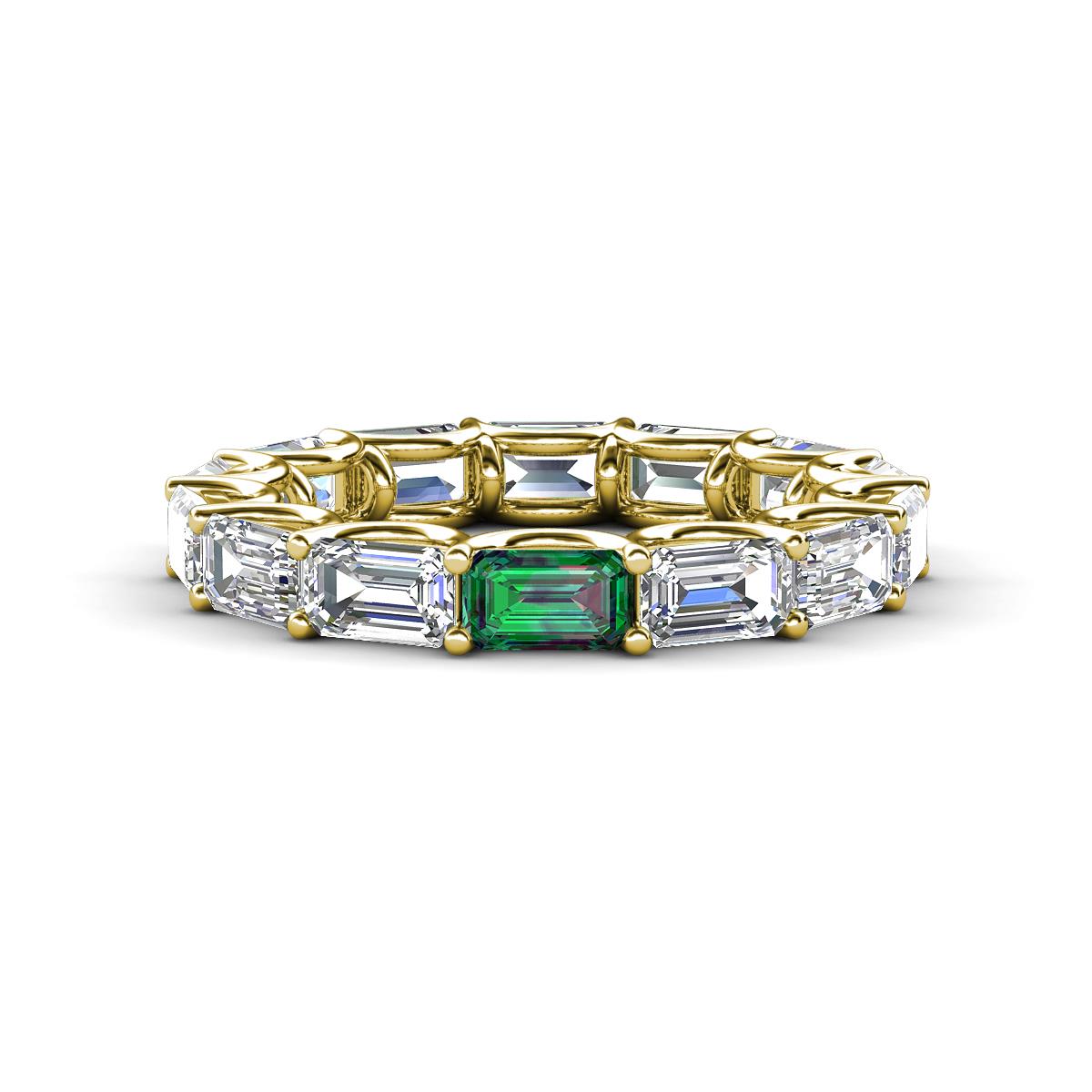 Beverly 5x3 mm Emerald Cut Forever One Moissanite and Lab Created Alexandrite Eternity Band 
