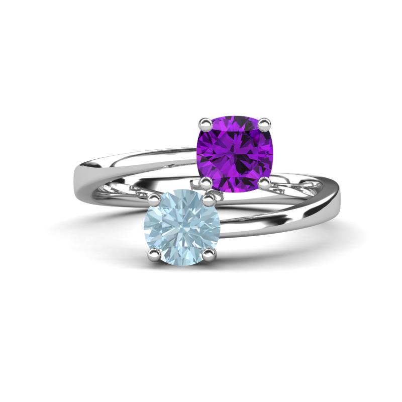Jianna 6.00 mm Cushion Amethyst and Round Aquamarine 2 Stone Promise Ring 
