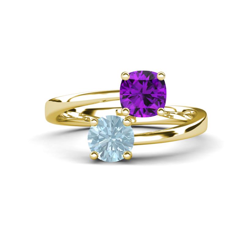 Jianna 6.00 mm Cushion Amethyst and Round Aquamarine 2 Stone Promise Ring 