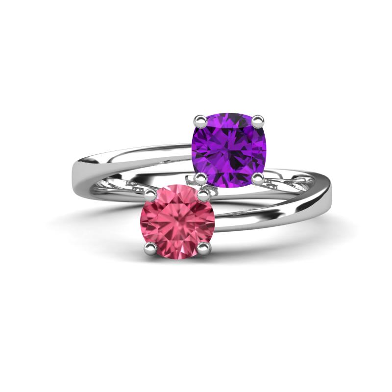 Jianna 6.00 mm Cushion Amethyst and Round Pink Tourmaline 2 Stone Promise Ring 