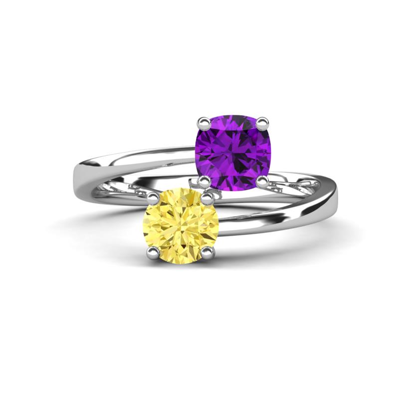 Jianna 6.00 mm Cushion Amethyst and Round Lab Created Yellow Sapphire 2 Stone Promise Ring 