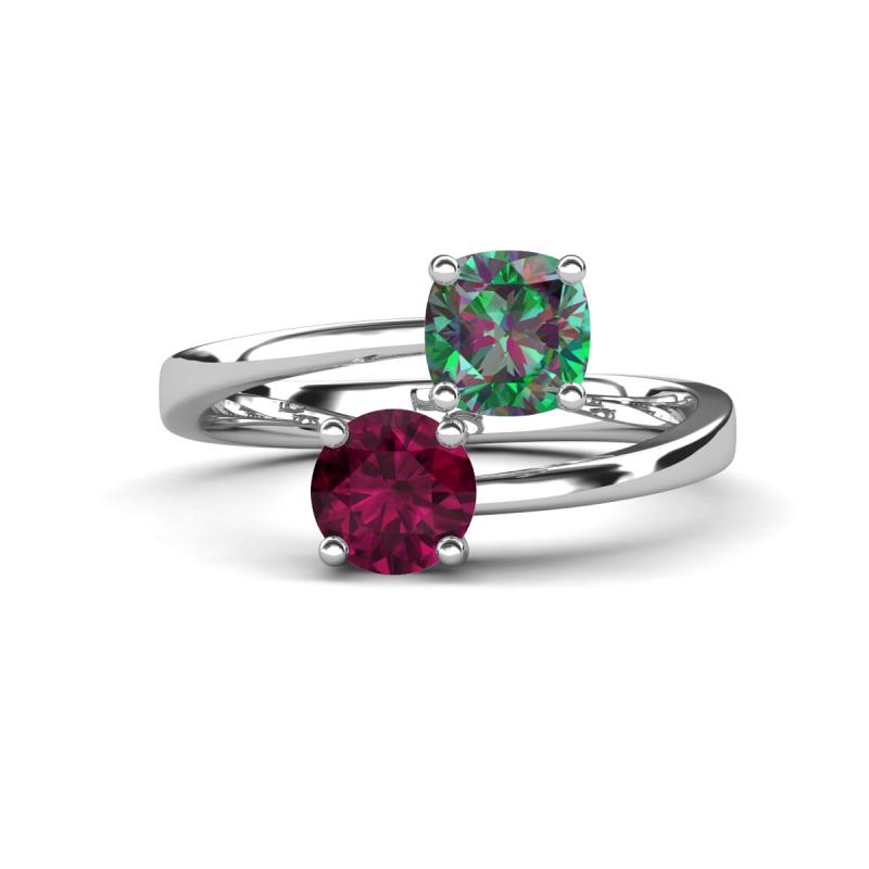 Jianna 6.00 mm Cushion Lab Created Alexandrite and Round Rhodolite Garnet 2 Stone Promise Ring 