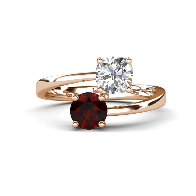 Jianna IGI Certified 6.00 mm Cushion Lab Grown Diamond and Round Red Garnet 2 Stone Promise Ring 