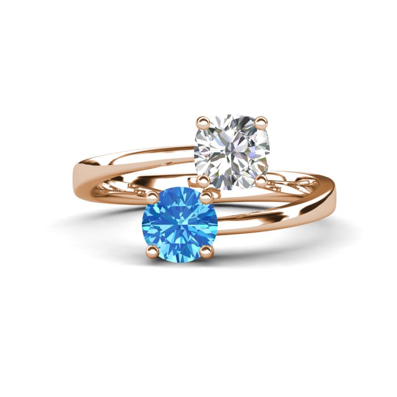 Jianna IGI Certified 6.00 mm Cushion Lab Grown Diamond and Round Blue Topaz 2 Stone Promise Ring 