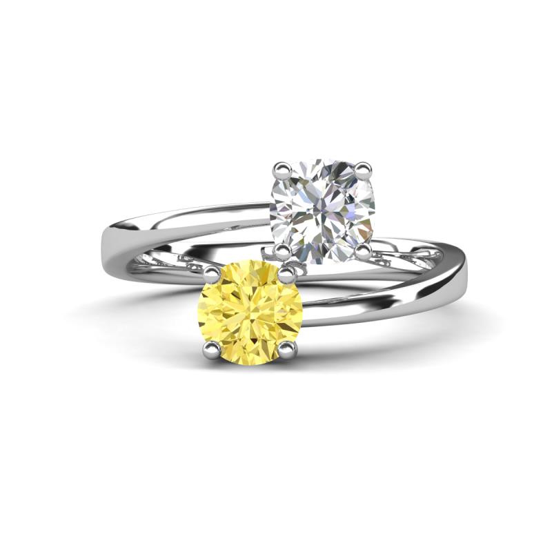 Jianna IGI Certified 6.00 mm Cushion Lab Grown Diamond and Round Lab Created Yellow Sapphire 2 Stone Promise Ring 