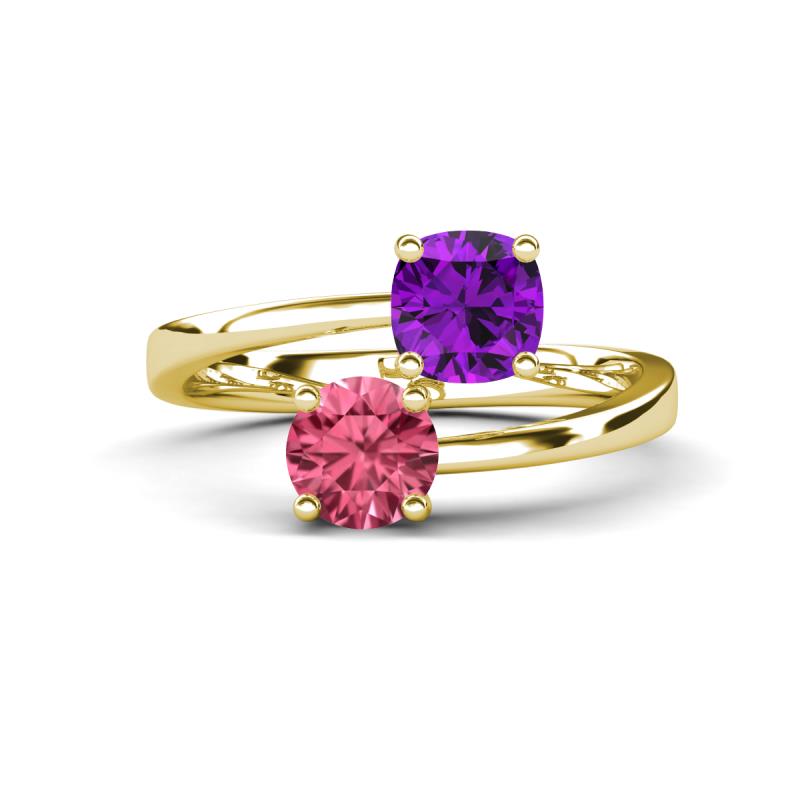 Jianna 6.00 mm Cushion Amethyst and Round Pink Tourmaline 2 Stone Promise Ring 
