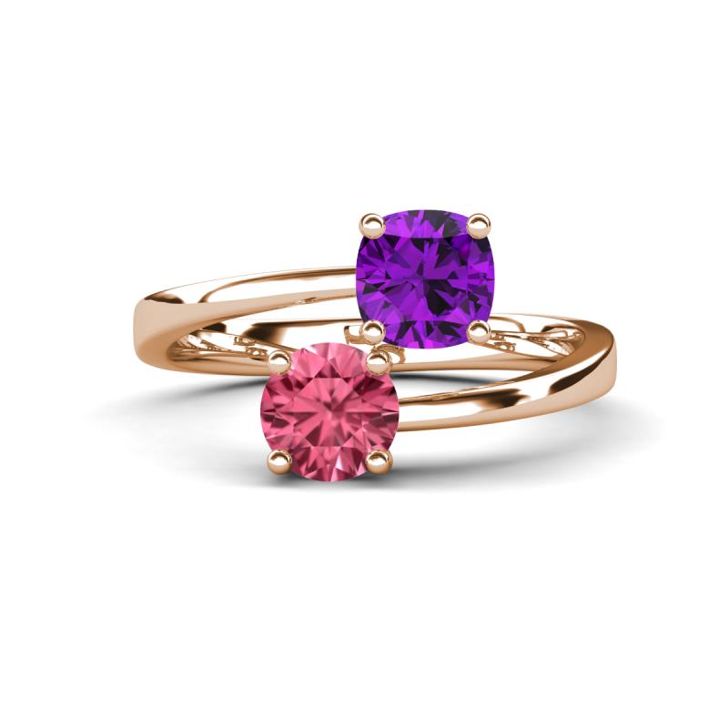 Jianna 6.00 mm Cushion Amethyst and Round Pink Tourmaline 2 Stone Promise Ring 