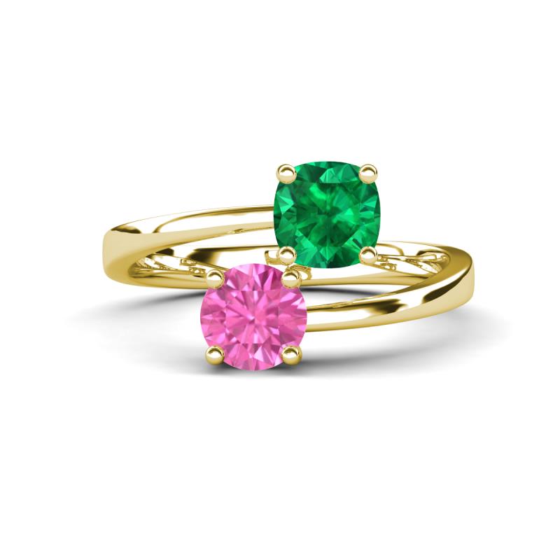 Jianna 6.00 mm Cushion Lab Created Emerald and Round Lab Created Pink Sapphire 2 Stone Promise Ring 