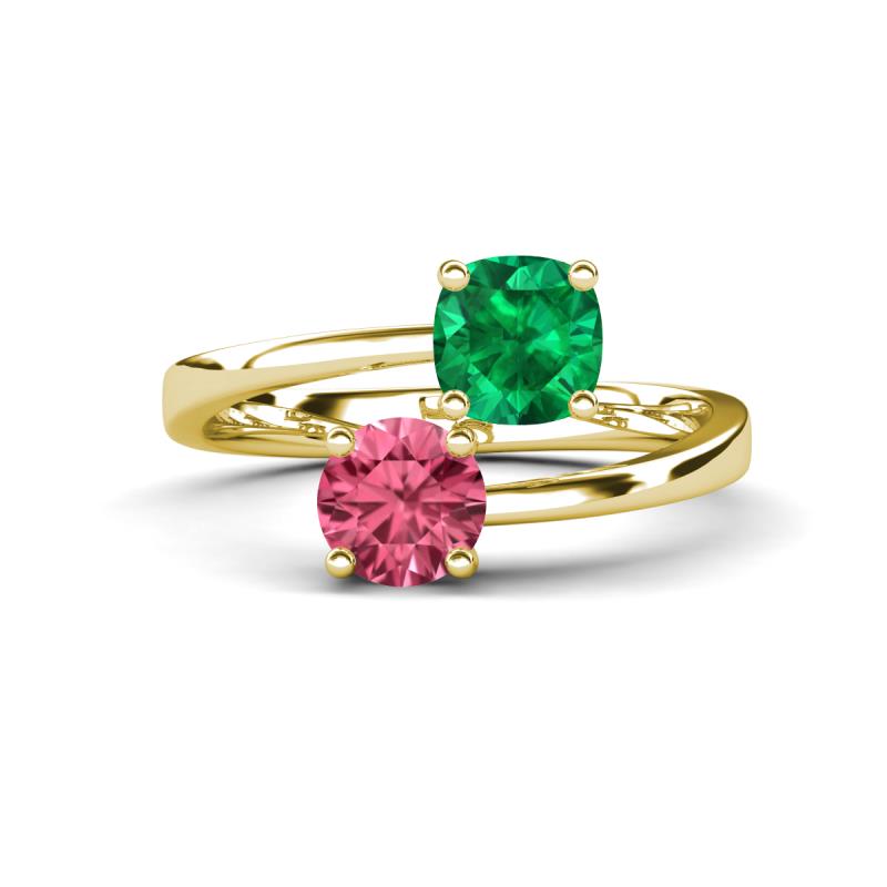 Jianna 6.00 mm Cushion Lab Created Emerald and Round Pink Tourmaline 2 Stone Promise Ring 