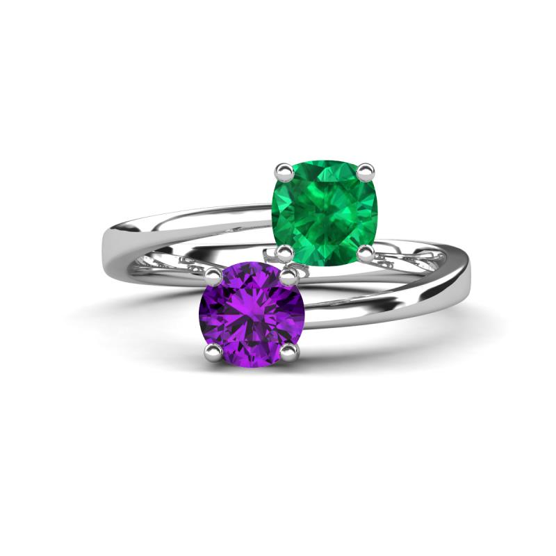 Jianna 6.00 mm Cushion Lab Created Emerald and Round Amethyst 2 Stone Promise Ring 