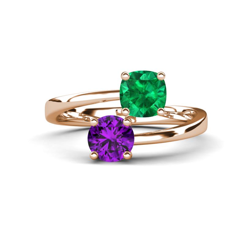 Jianna 6.00 mm Cushion Lab Created Emerald and Round Amethyst 2 Stone Promise Ring 