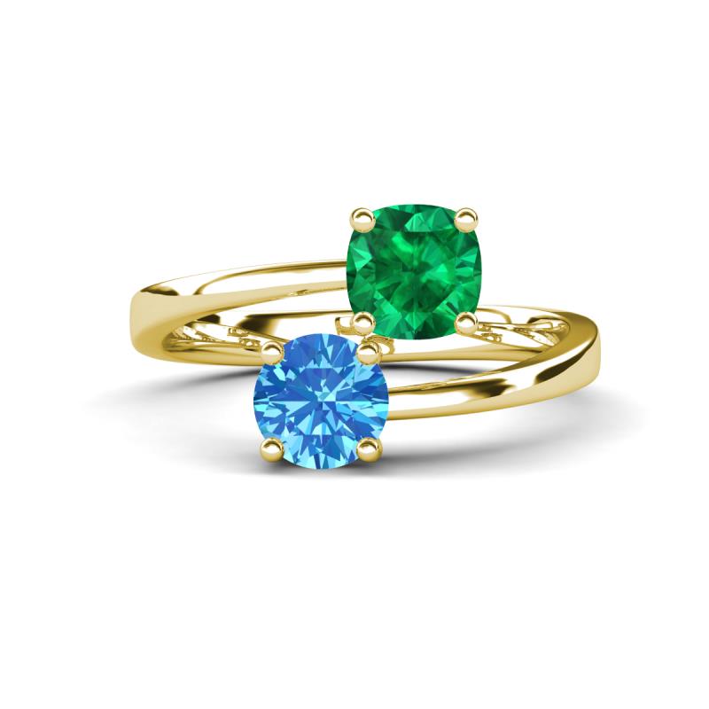Jianna 6.00 mm Cushion Lab Created Emerald and Round Blue Topaz 2 Stone Promise Ring 