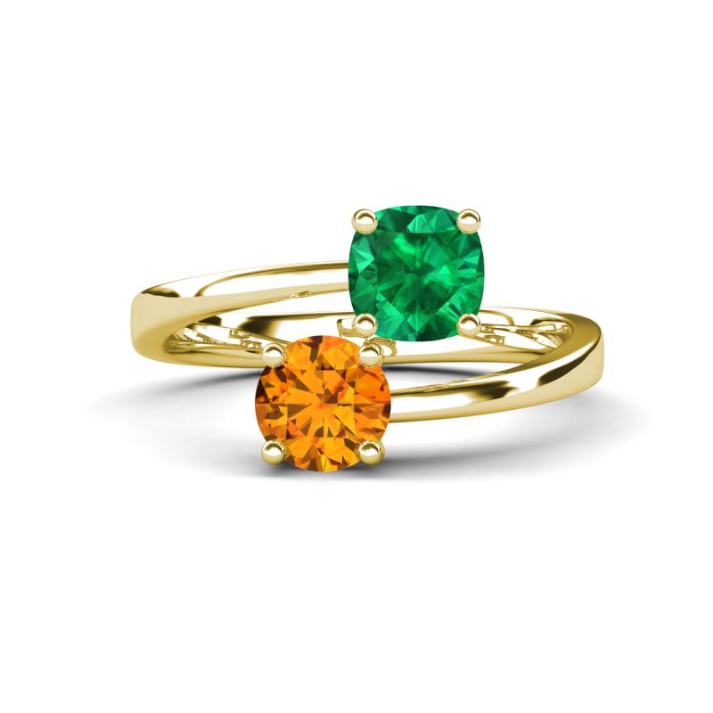 Jianna 6.00 mm Cushion Lab Created Emerald and Round Citrine 2 Stone Promise Ring 