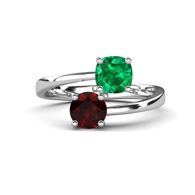 Jianna 6.00 mm Cushion Lab Created Emerald and Round Red Garnet 2 Stone Promise Ring 