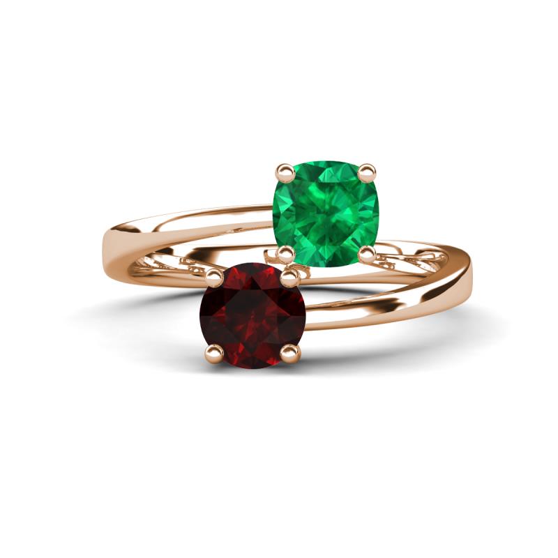 Jianna 6.00 mm Cushion Lab Created Emerald and Round Red Garnet 2 Stone Promise Ring 