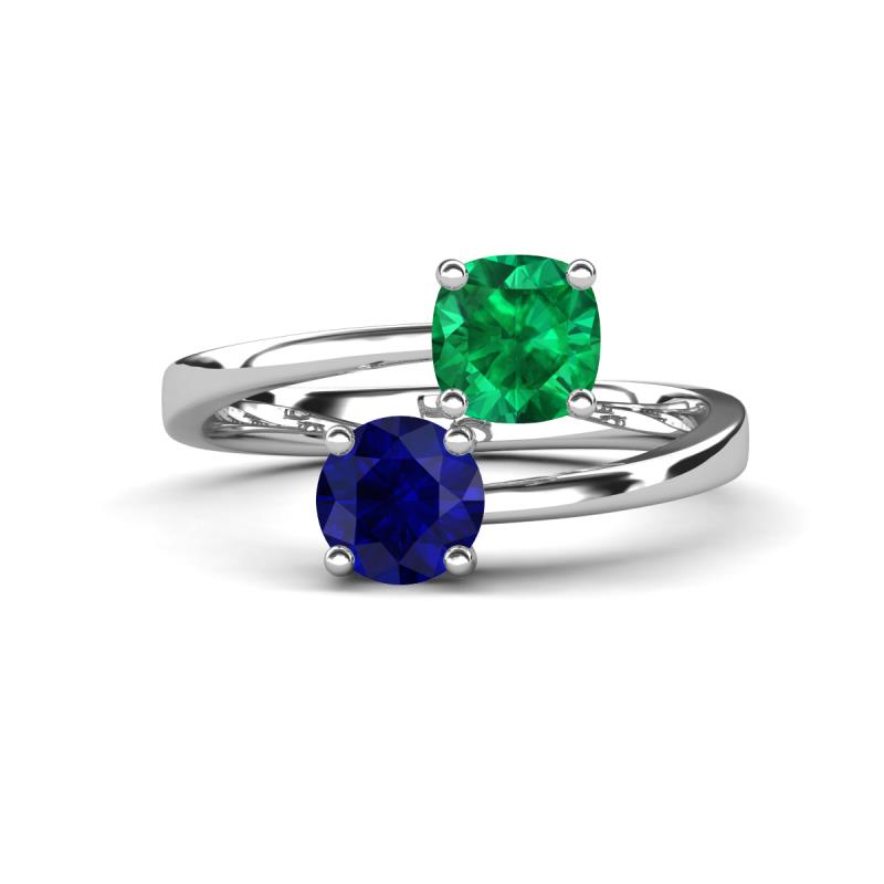 Jianna 6.00 mm Cushion Lab Created Emerald and Round Blue Sapphire 2 Stone Promise Ring 