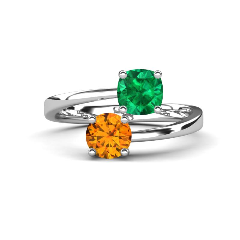 Jianna 6.00 mm Cushion Lab Created Emerald and Round Citrine 2 Stone Promise Ring 