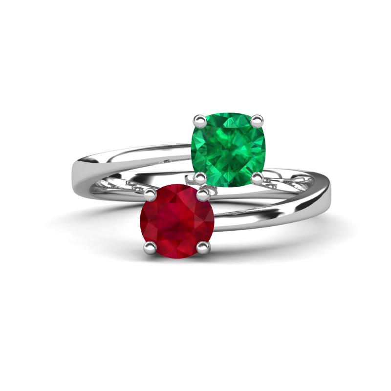 Jianna 6.00 mm Cushion Lab Created Emerald and Round Ruby 2 Stone Promise Ring 