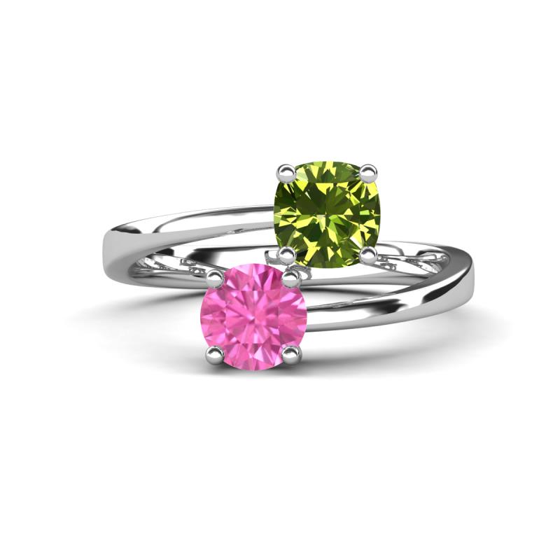 Jianna 6.00 mm Cushion Peridot and Round Lab Created Pink Sapphire 2 Stone Promise Ring 