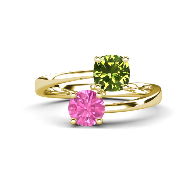 Jianna 6.00 mm Cushion Peridot and Round Lab Created Pink Sapphire 2 Stone Promise Ring 