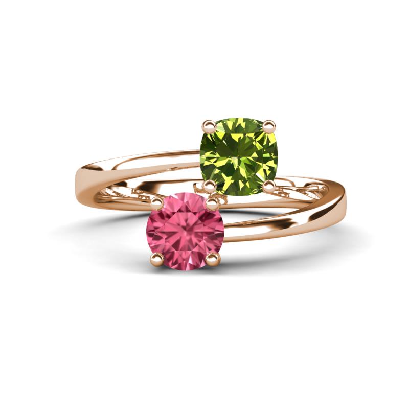 Jianna 6.00 mm Cushion Peridot and Round Pink Tourmaline 2 Stone Promise Ring 