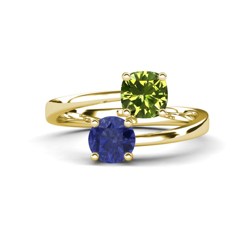 Jianna 6.00 mm Cushion Peridot and Round Iolite 2 Stone Promise Ring 