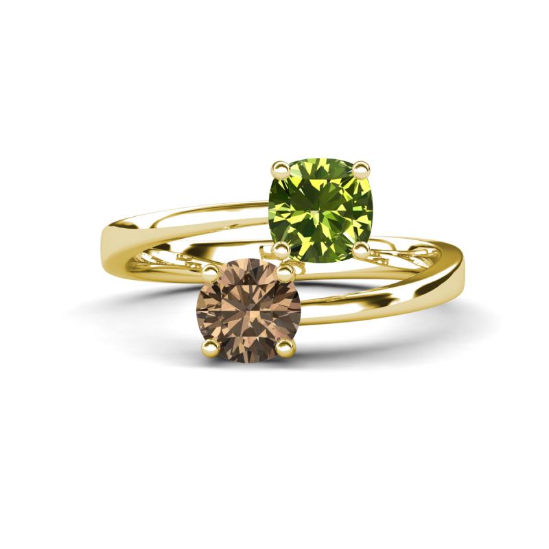 Jianna 6.00 mm Cushion Peridot and Round Smoky Quartz 2 Stone Promise Ring 