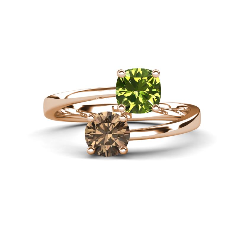 Jianna 6.00 mm Cushion Peridot and Round Smoky Quartz 2 Stone Promise Ring 