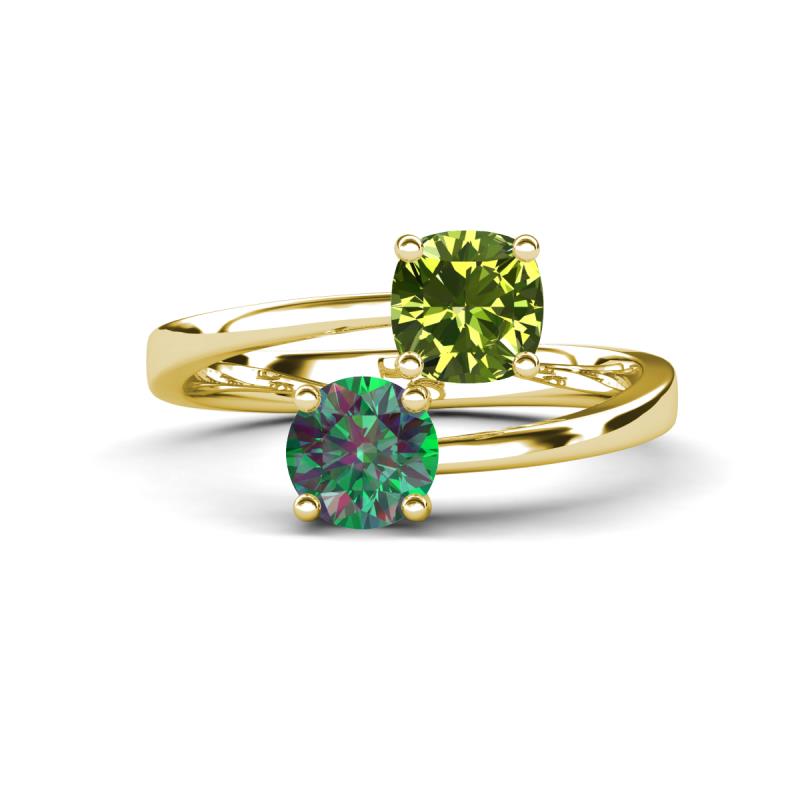 Jianna 6.00 mm Cushion Peridot and Round Lab Created Alexandrite 2 Stone Promise Ring 