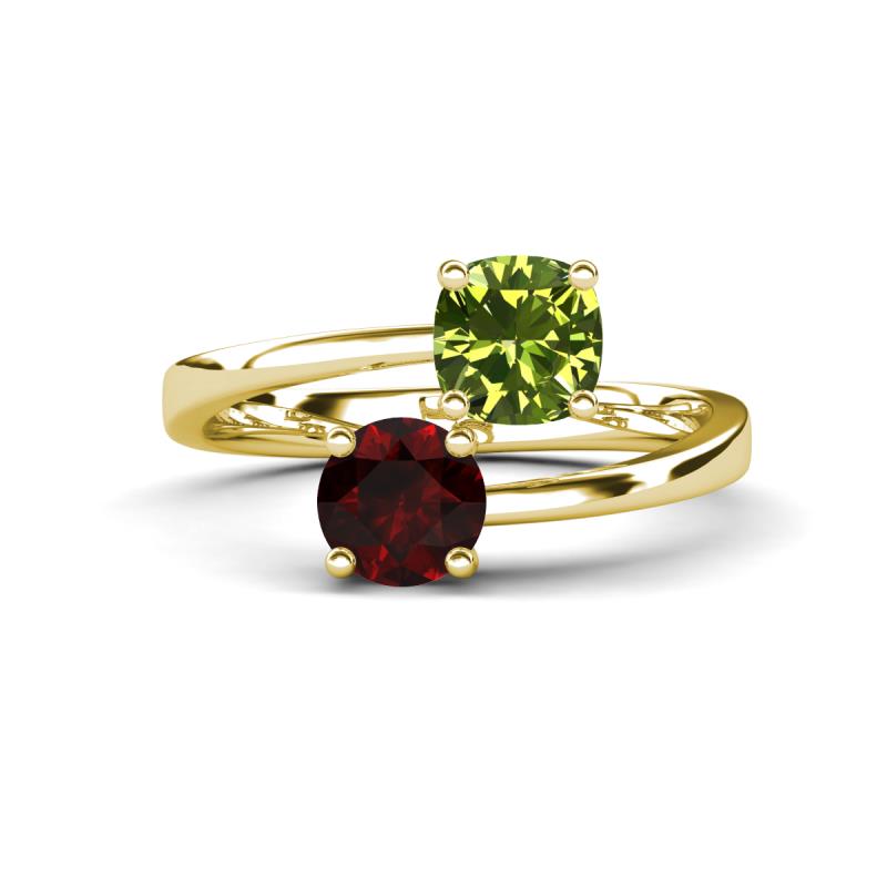 Jianna 6.00 mm Cushion Peridot and Round Red Garnet 2 Stone Promise Ring 