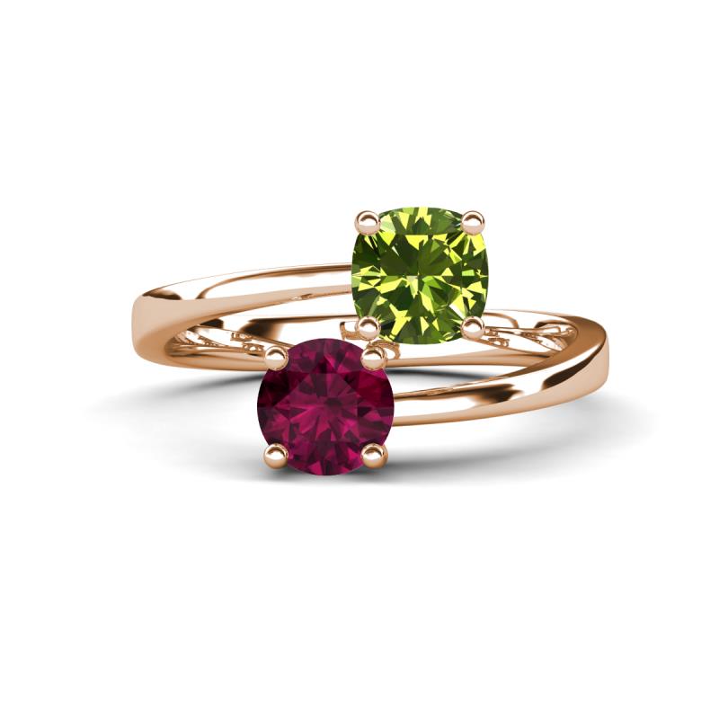 Jianna 6.00 mm Cushion Peridot and Round Rhodolite Garnet 2 Stone Promise Ring 