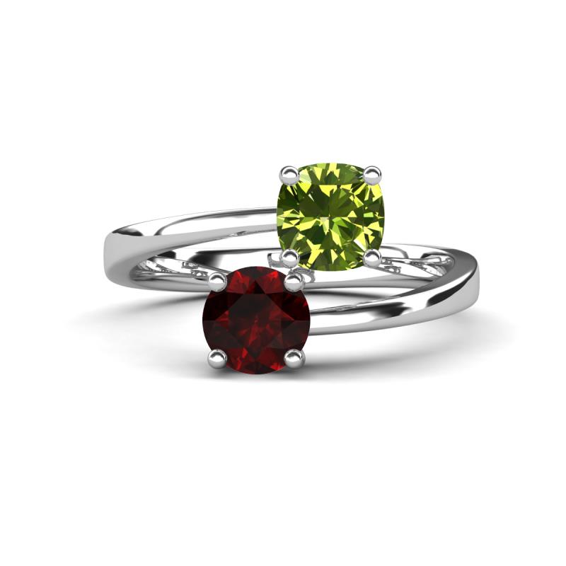 Jianna 6.00 mm Cushion Peridot and Round Red Garnet 2 Stone Promise Ring 