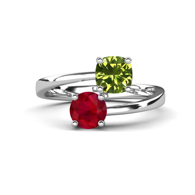 Jianna 6.00 mm Cushion Peridot and Round Ruby 2 Stone Promise Ring 