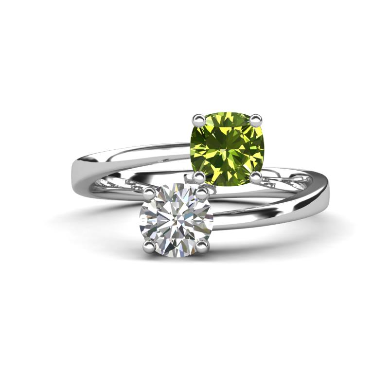 Jianna 6.00 mm Cushion Peridot and GIA Certified Round Natural Diamond 2 Stone Promise Ring 