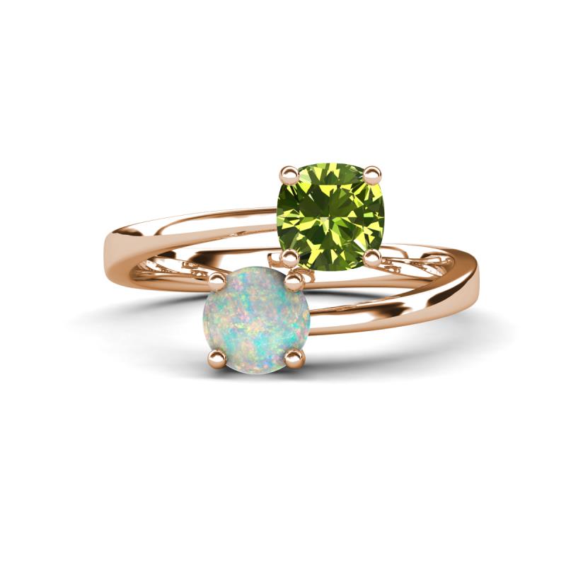 Jianna 6.00 mm Cushion Peridot and Round Opal 2 Stone Promise Ring 