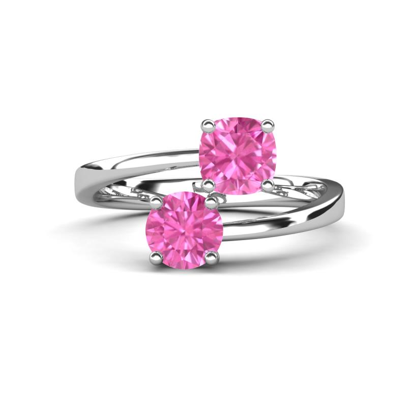 Jianna 6.00 mm Cushion and Round Lab Created Pink Sapphire 2 Stone Promise Ring 