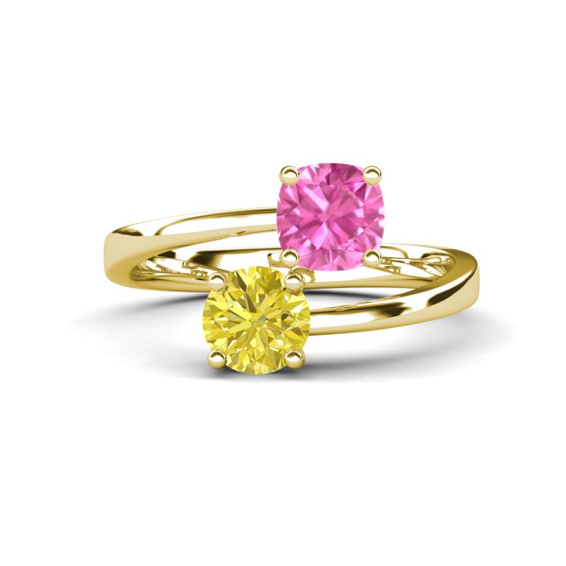 Jianna 6.00 mm Cushion Lab Created Pink Sapphire and Round Yellow Diamond 2 Stone Promise Ring 