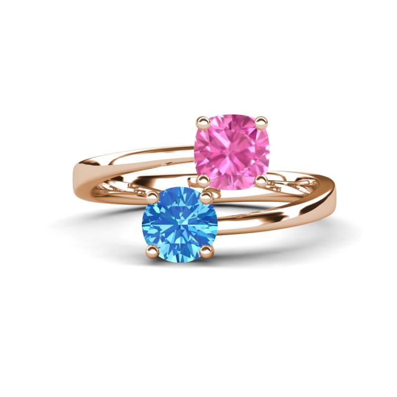 Jianna 6.00 mm Cushion Lab Created Pink Sapphire and Round Blue Topaz 2 Stone Promise Ring 