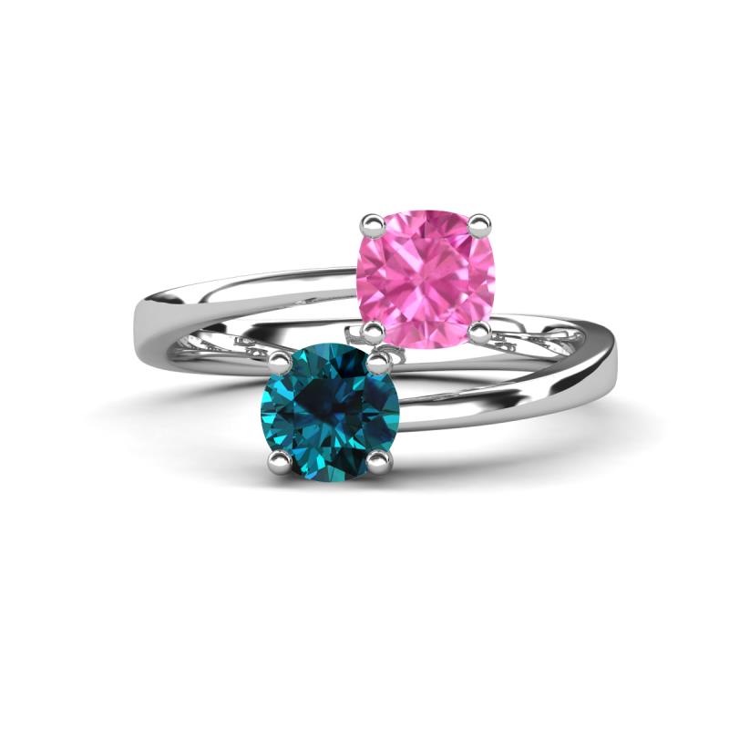 Jianna 6.00 mm Cushion Lab Created Pink Sapphire and Round Blue Diamond 2 Stone Promise Ring 