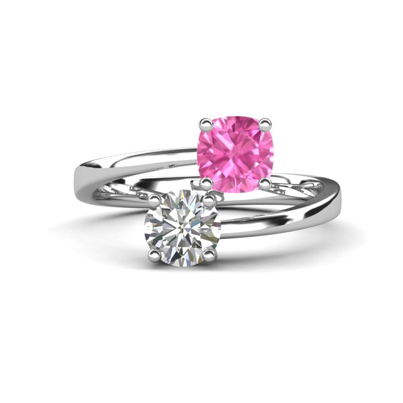Jianna 6.00 mm Cushion Lab Created Pink Sapphire and IGI Certified Round Lab Grown Diamond 2 Stone Promise Ring 